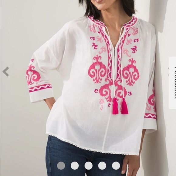 Chico's Embroidered Tie Neck Peasant Top - Picture 1 of 1